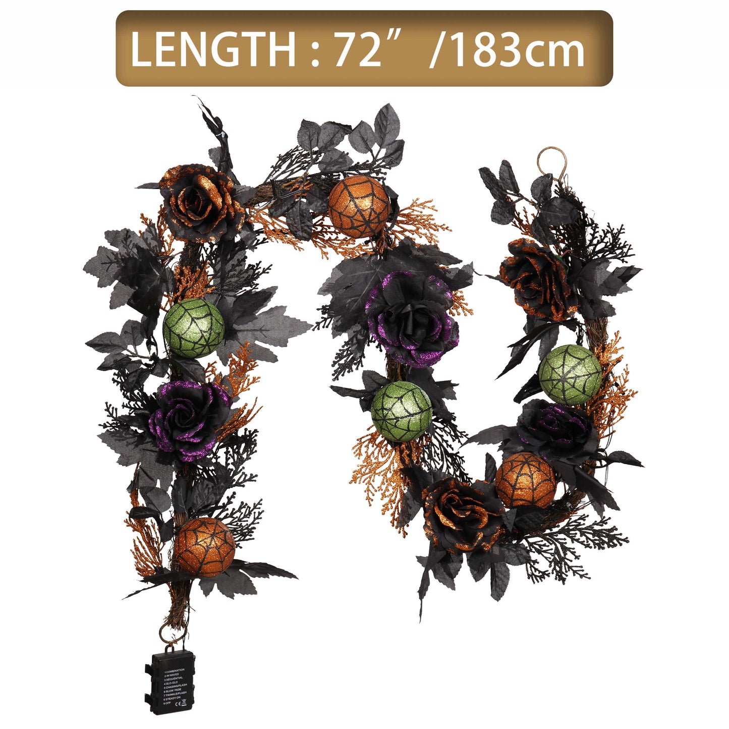 Valery Madelyn 6ft Pre-Lit Halloween Garland, Orange Purple Rose & Black Maple Leaves with Green Balls for Mantle Table Decor