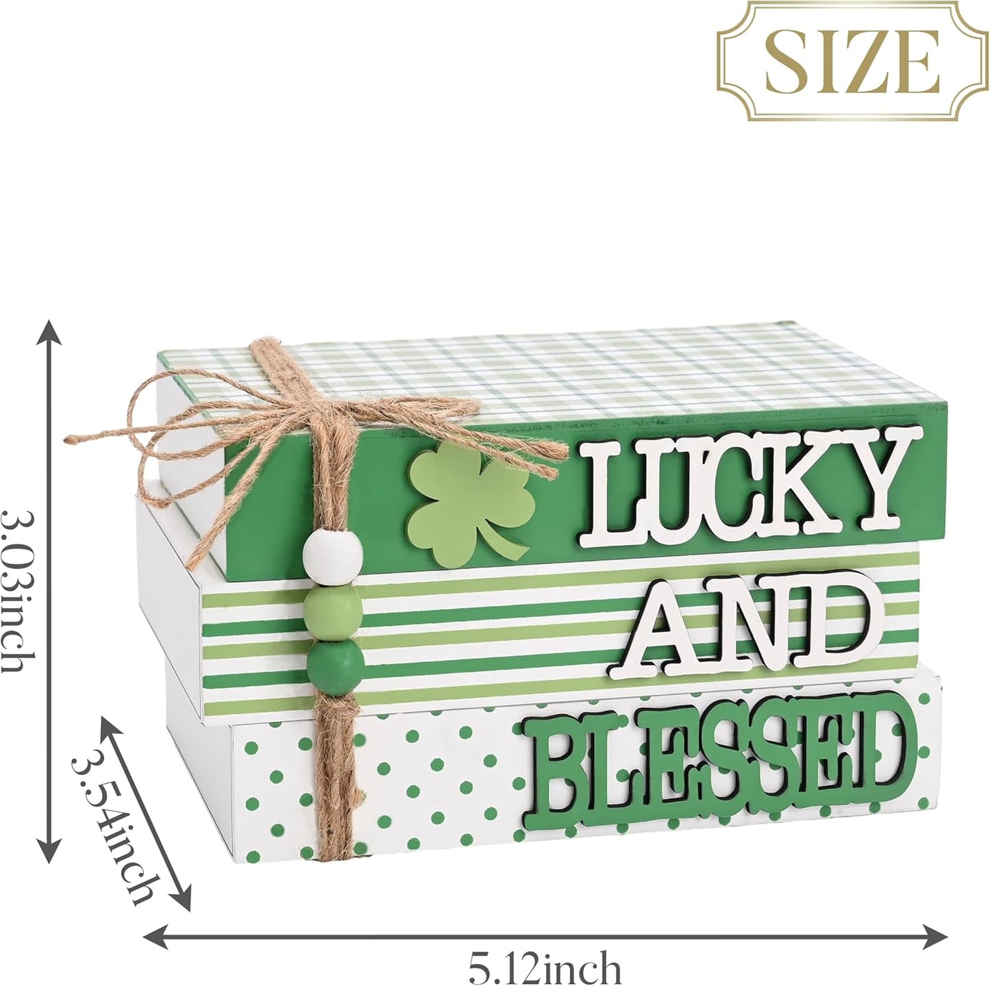 Valery Madelyn St Patrick's Day Decorations, St Patrick's Day Wooden Book Decor, Shamrock Decorations for Tiered Tray Shelf Coffee Table Side Table Home Office with Tassel and Beads, 5 inch